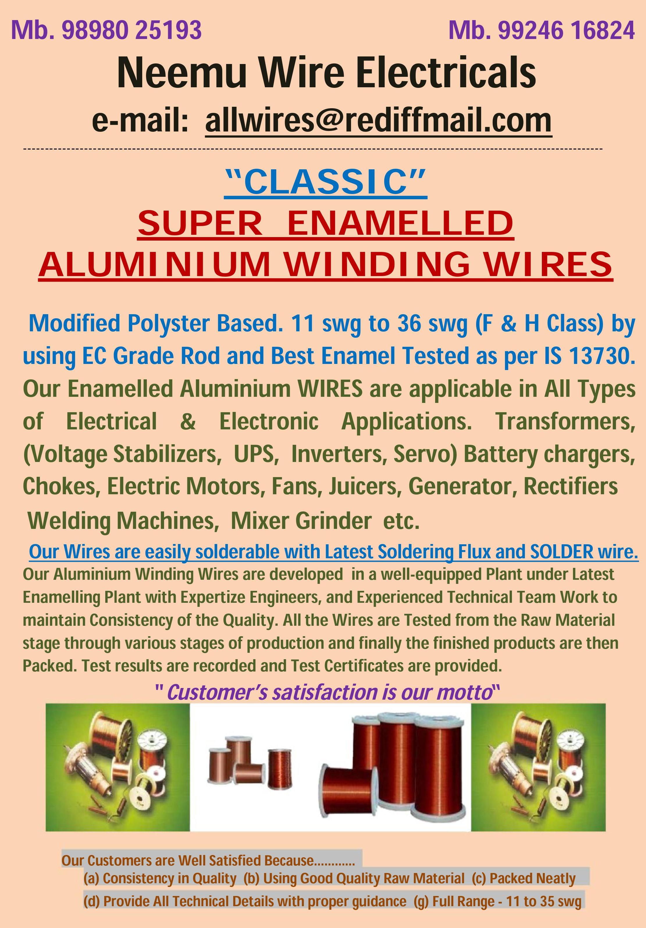 Enamelled Aluminium Winding wires ,  Strips, Fibre Glass Strips,  Uninyvin Cables, Control Panel Cables .